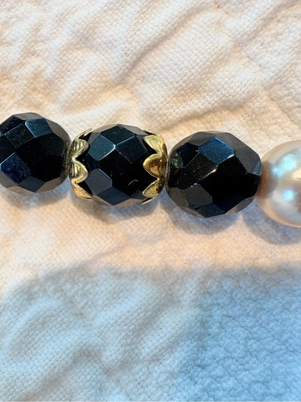 Vintage Czech glass bead Pearl Black Faceted Bead Necklace 24” NWT
